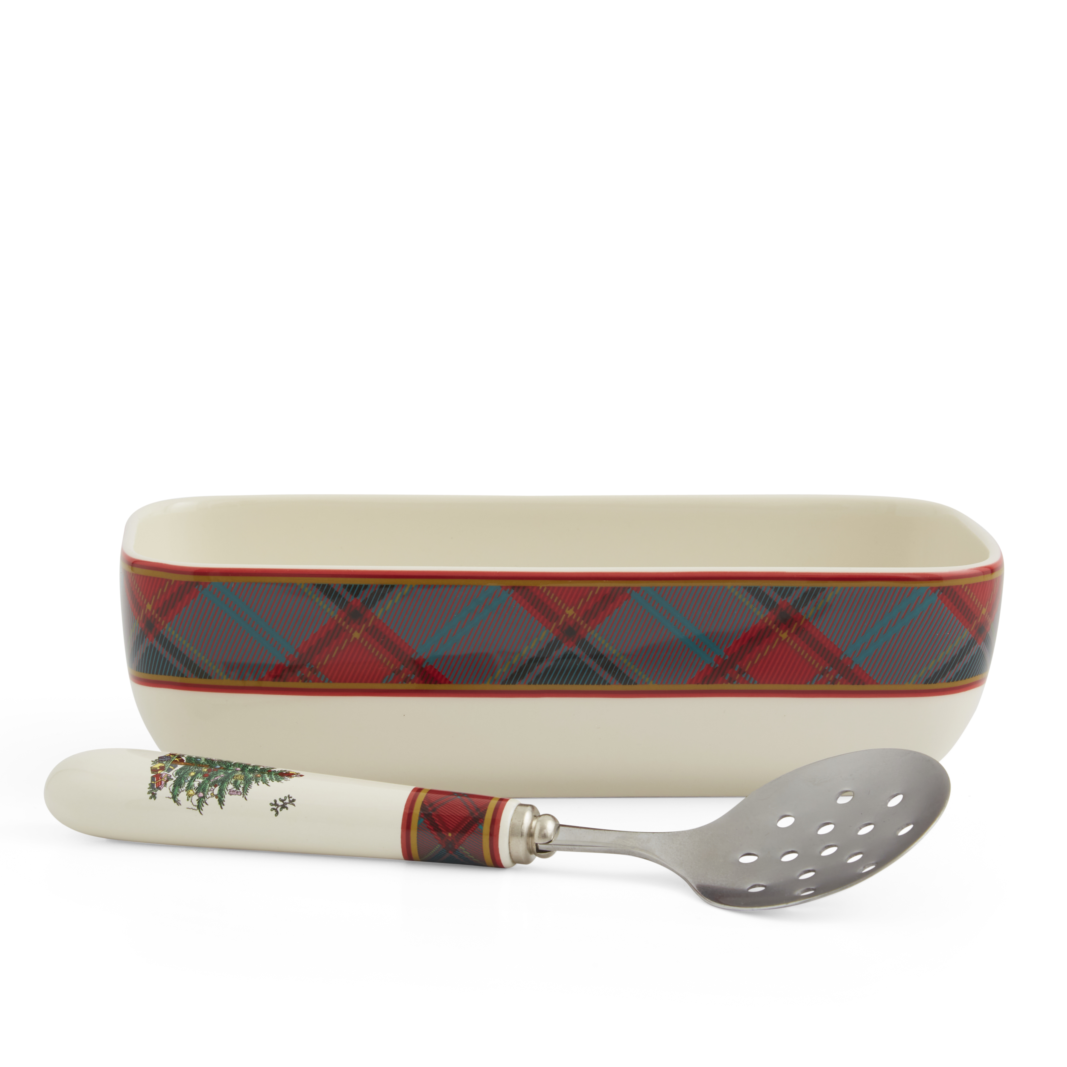 Christmas Tree Tartan Rectangle Server with Slotted Spoon image number null